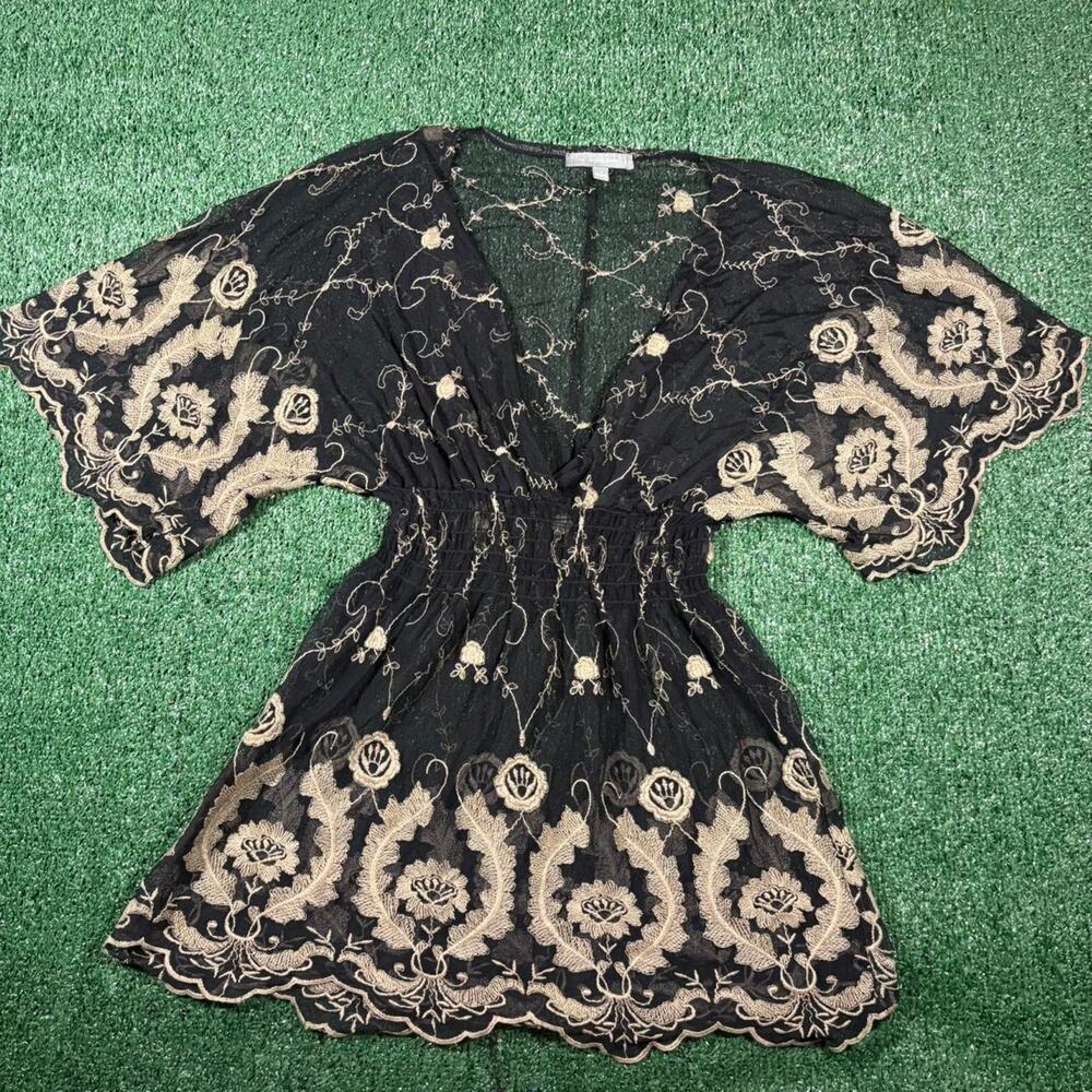 Sheer lace detail embroidered witchy sinch waist blouse